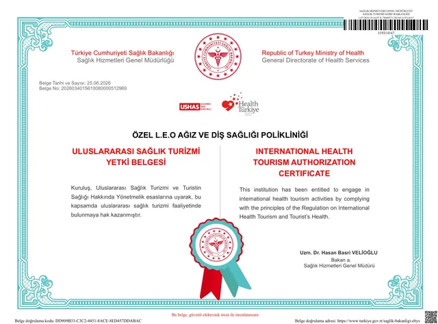 Uluslararası Sağlık Turizmi Yetki Belgesi — Özel L.E.O Ağız ve Diş Sağlığı Polikliniği, 25.06.2026