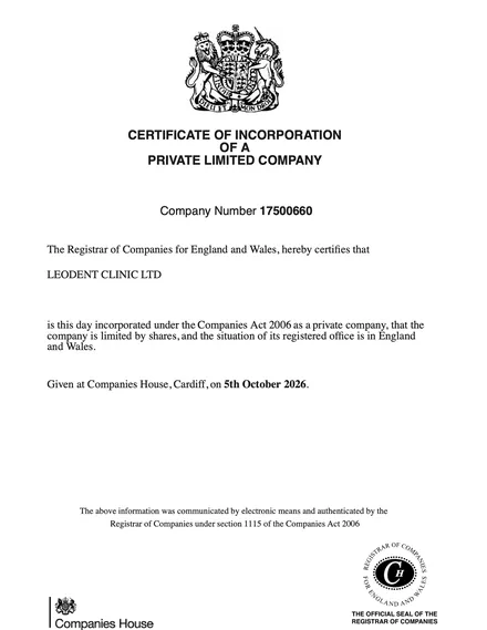 Certificate of Incorporation — Leodent Clinic Ltd, Companies House, company no. 17500660