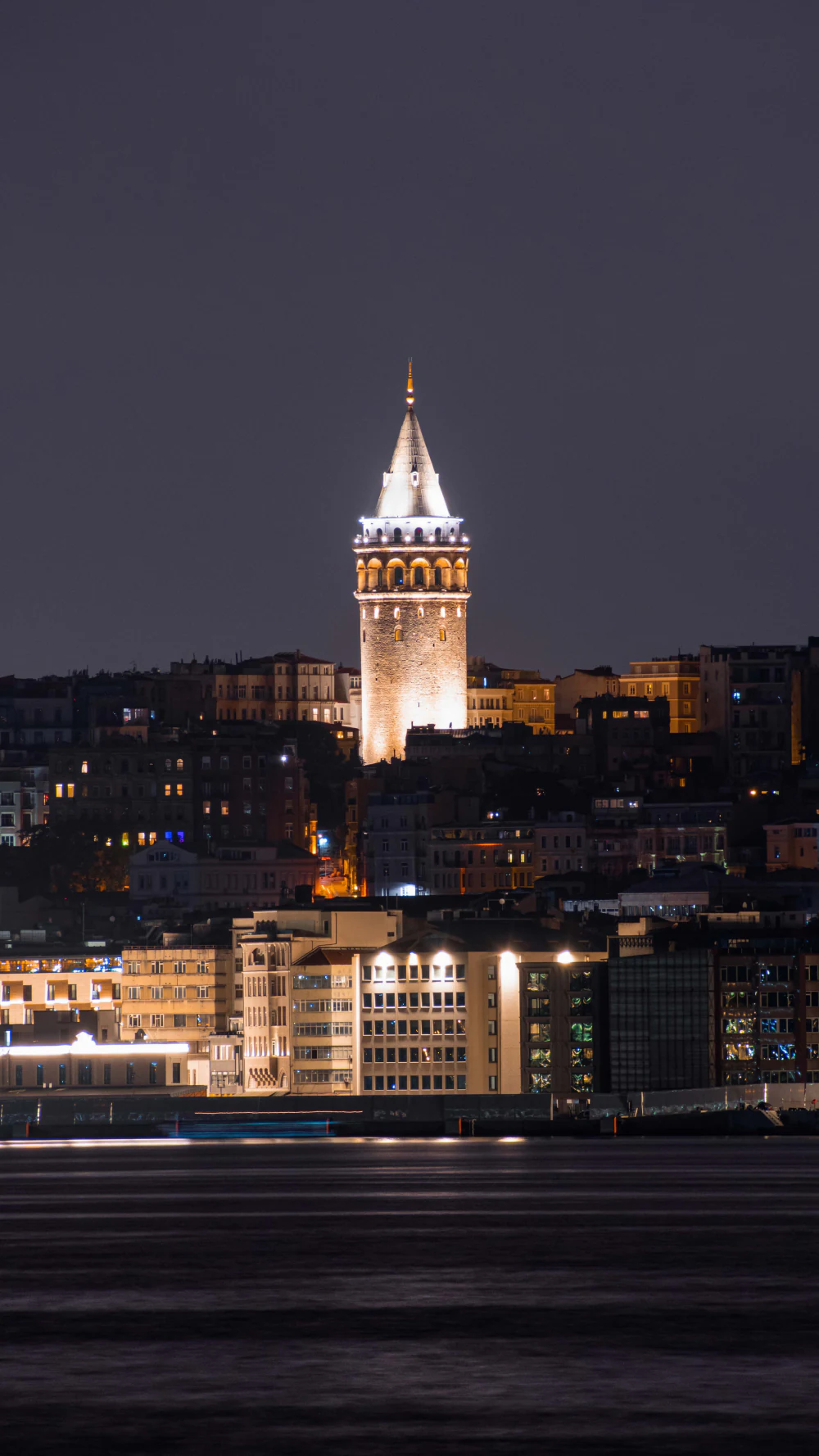 Galata Tower illuminated at night